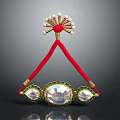 Traditional Headpiece with Red Ribbons Top Pearl Ornament Central Large Gemstone and Side Small Gemstones